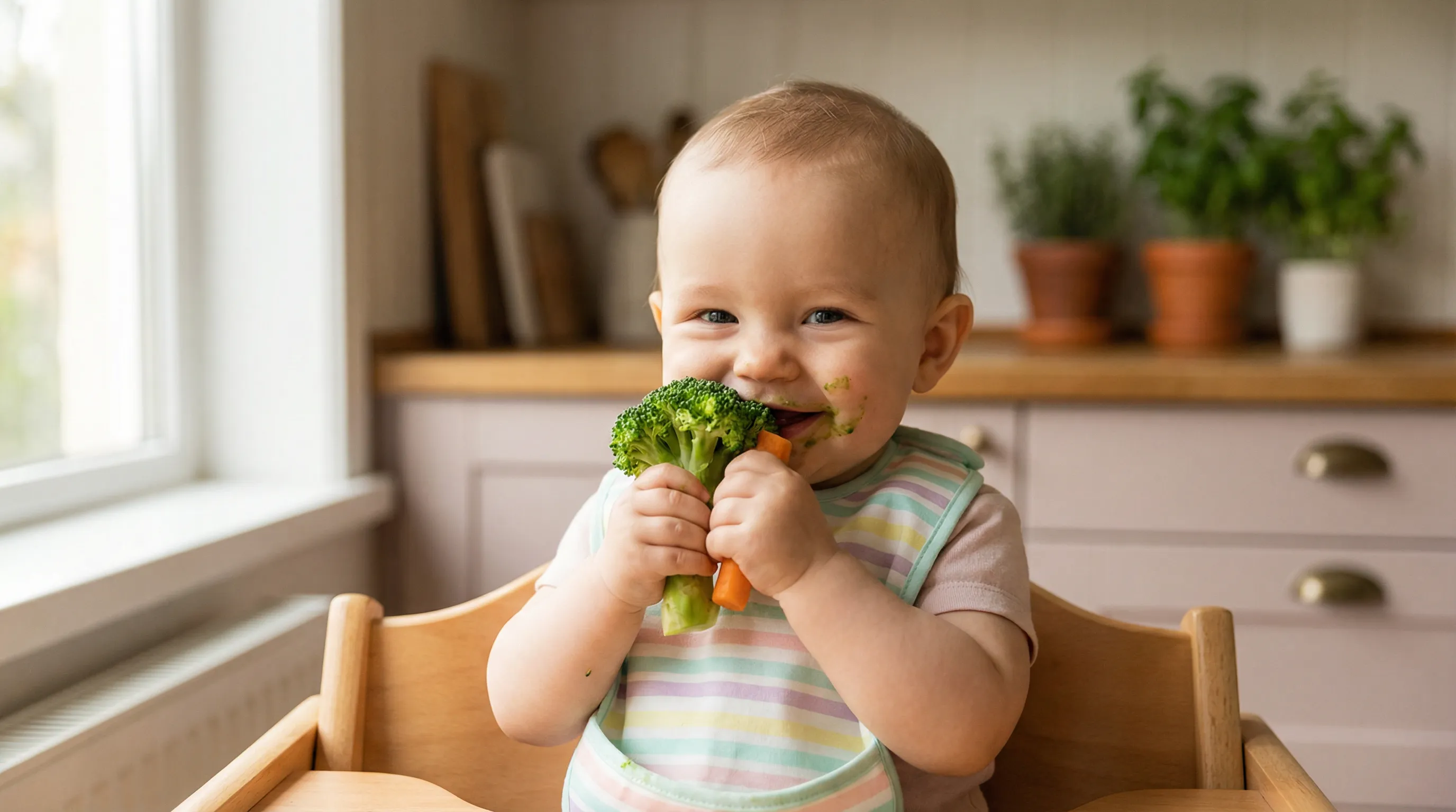 Bebê comendo brócolis feliz e seguro